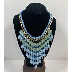 Vintage Womens Aqua Blue Bib Necklace Costume Gold Tone 17 inch